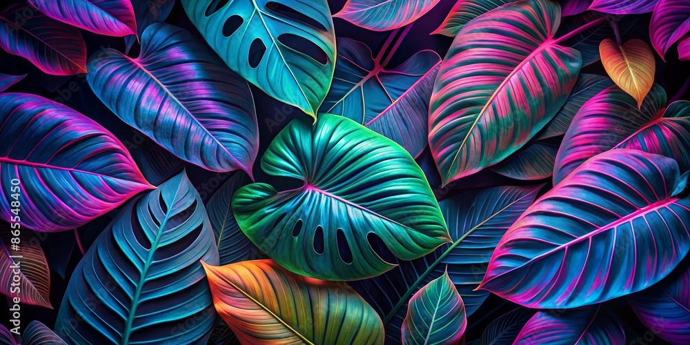 Vibrant Tropical Leaf Pattern in Neon Colors - Digital Art Illustration