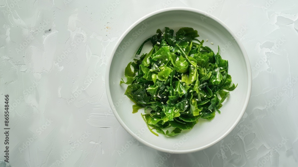 Top view of a fresh seaweed salad in a white bowl Top view of a fresh seaweed salad in a white bowl