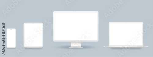 Realistic clay electronic device set, pc screen, laptop computer, pad and smartphone isolated