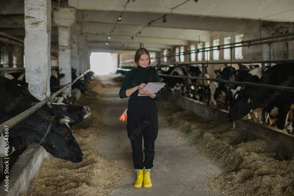 A young female farmer in a cowshed with a tablet in her hands. A young female farmer in a cowshed with a tablet in her hands.