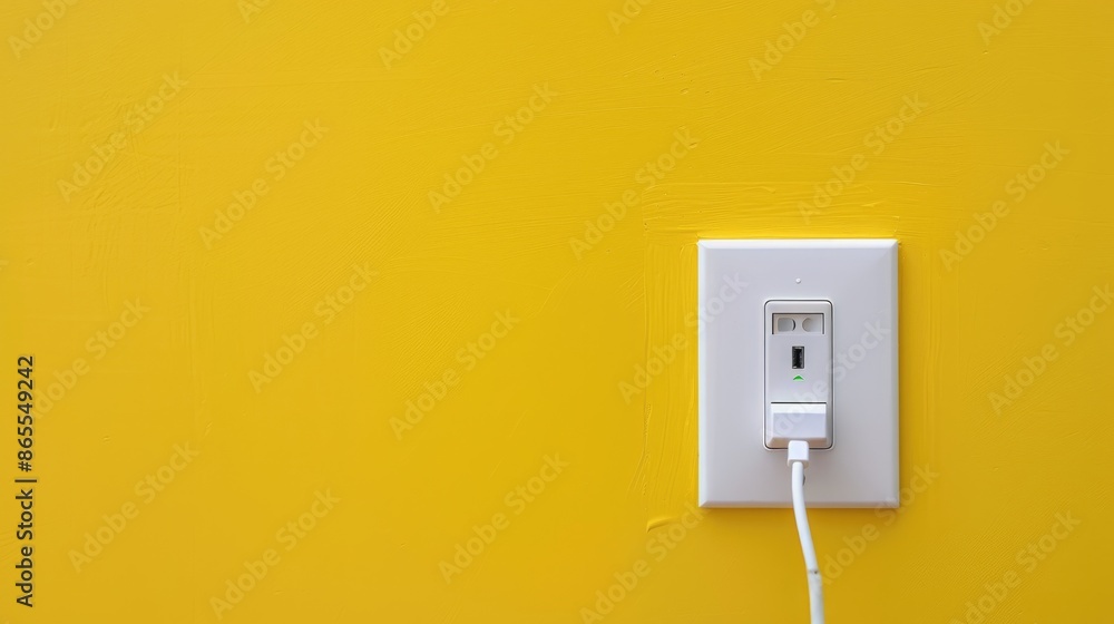 Inserting phone adapter into white electrical outlet on yellow wall side view Inserting phone adapter into white electrical outlet on yellow wall side view