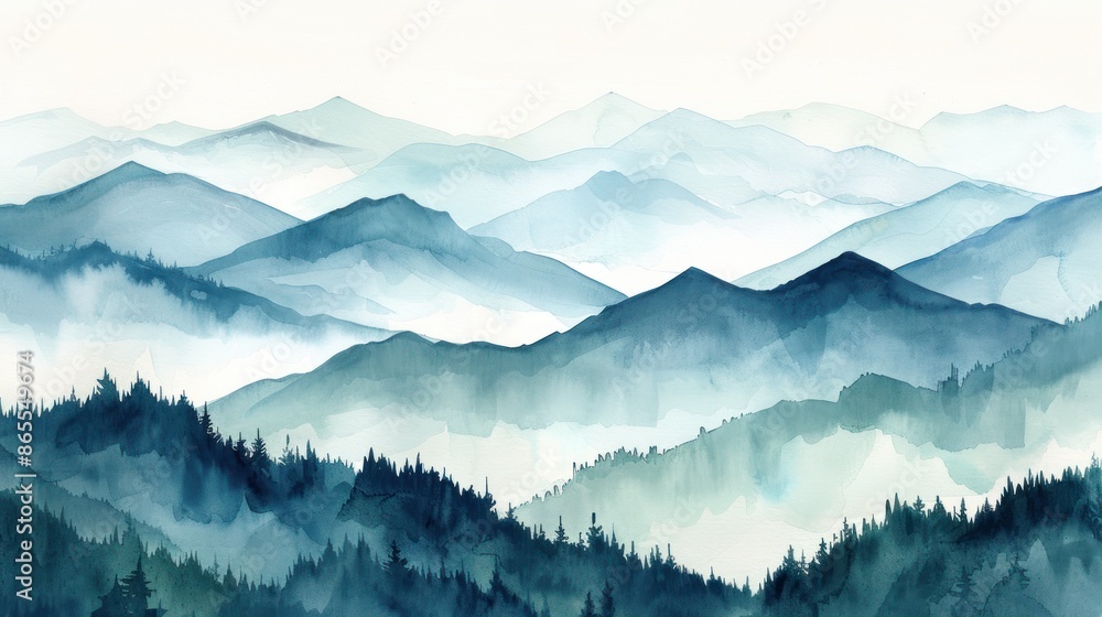 Serene watercolor painting of blue mountains and misty forests, capturing nature's tranquility in soft gradients and calm tones. Serene watercolor painting of blue mountains and misty forests, capturing nature's tranquility in soft gradients and calm tones.