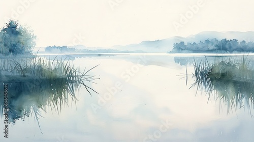 Serene watercolor painting of a tranquil lake surrounded by lush greenery and misty mountains in the background.