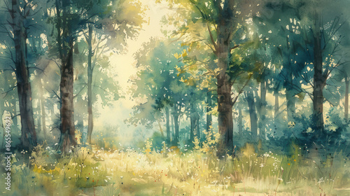 Serene watercolor painting of a sunlit forest clearing, capturing the tranquility and beauty of nature with soft, artistic tones. © BoOm