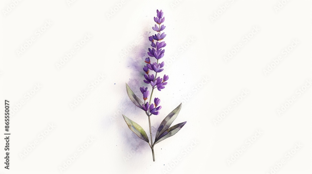 Watercolor illustration of a lavender flower with green leaves and purple blooms, set against a soft white background. Watercolor illustration of a lavender flower with green leaves and purple blooms, set against a soft white background.