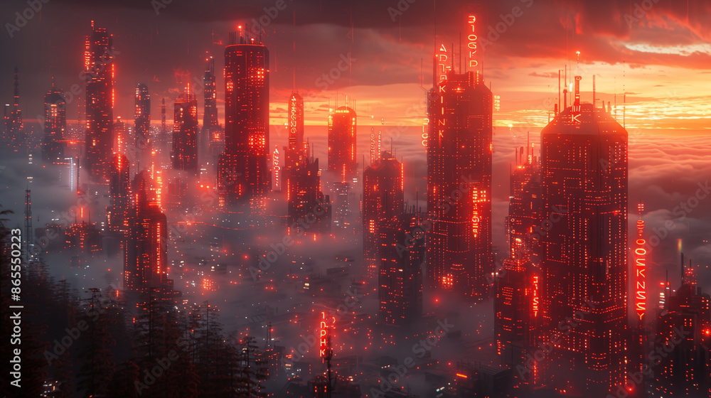 Futuristic cyberpunk cityscape illuminated by neon lights and glowing skyscrapers at sunset. Concept of dystopian future, urban technology, and sci-fi architecture. Futuristic cyberpunk cityscape illuminated by neon lights and glowing skyscrapers at sunset. Concept of dystopian future, urban technology, and sci-fi architecture.