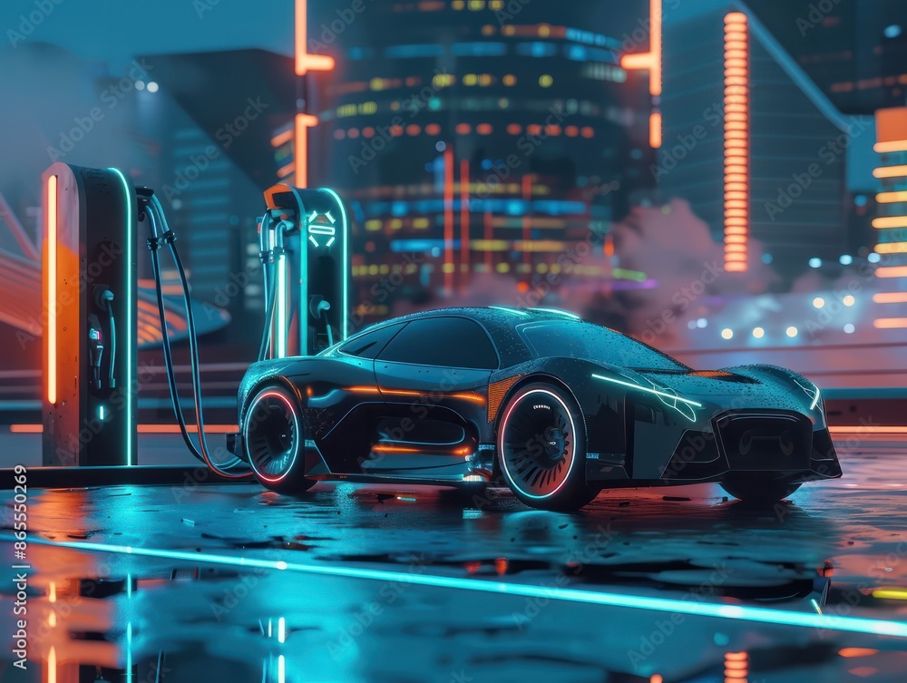 Futuristic Electric Vehicle car in charge station at modern city background. AI generated Futuristic Electric Vehicle car in charge station at modern city background. AI generated