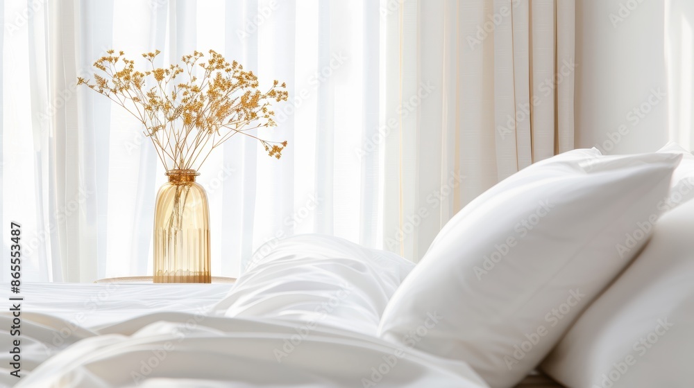 A luxurious bedroom adorned in gold accents, featuring a minimalist design with clean lines and ample copy space. The elegant and opulent decor creates a sophisticated atmosphere. A luxurious bedroom adorned in gold accents, featuring a minimalist design with clean lines and ample copy space. The elegant and opulent decor creates a sophisticated atmosphere.