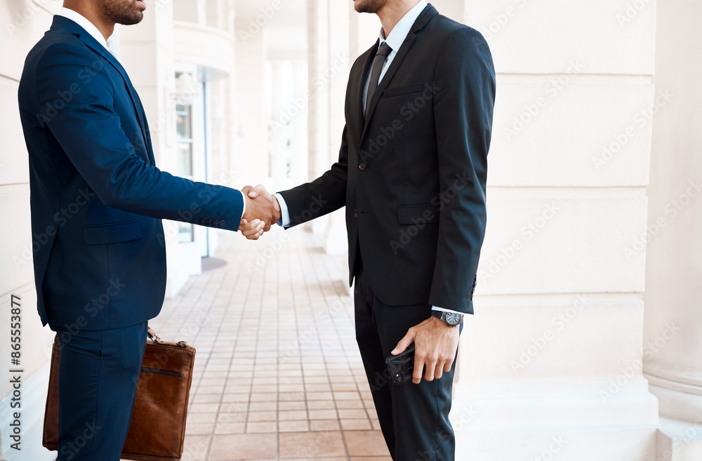 Lawyer, handshake and businessmen in city with hello for legal case, visa application or agreement. Welcome, immigration and attorney with client shaking hands for introduction, greeting or thank you Lawyer, handshake and businessmen in city with hello for legal case, visa application or agreement. Welcome, immigration and attorney with client shaking hands for introduction, greeting or thank you