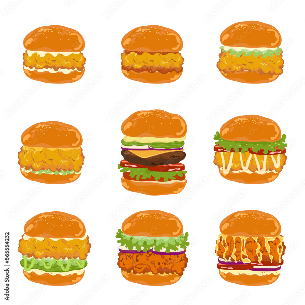 Set of delicious fast food illustrations Icon Hamburger included fried chicken, beef, fries, pickles, lettuce, tomato, bacon, and bread on a skillet, isolated on a white background for the food menu Set of delicious fast food illustrations Icon Hamburger included fried chicken, beef, fries, pickles, lettuce, tomato, bacon, and bread on a skillet, isolated on a white background for the food menu