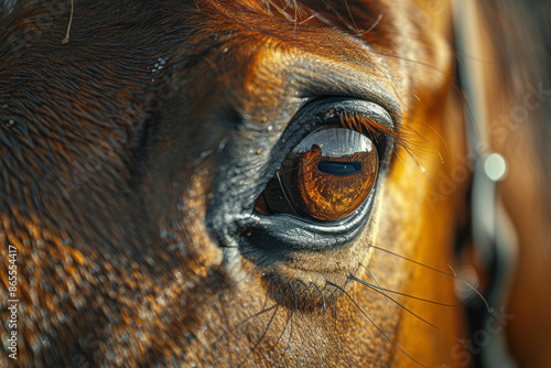 Close-up of a horse with heterochromatic eyes, one amber and one hazel, under the sunlight,