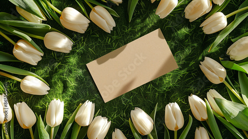 Top view of white tulips laying on the grass, with an empty business card mockup in the center of the frame, spring vibes and bright light, shot from above as a close up with a fla photo