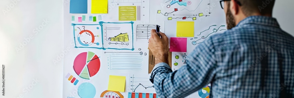 Businessman drawing strategy charts and graphs on whiteboard. Planning and analysis concept. Creative and organized workspace Businessman drawing strategy charts and graphs on whiteboard. Planning and analysis concept. Creative and organized workspace