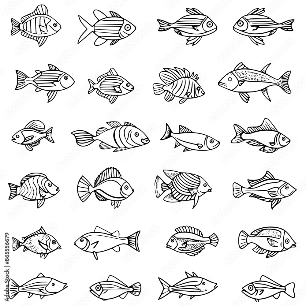 Obraz premium fish, sea, vector, fishing, silhouette, animal, illustration, icon, cartoon, nature, water, pattern, food, salmon, ocean, design, marine, art, set, seafood, seamless, shark, car, Seashells svg, Seashe