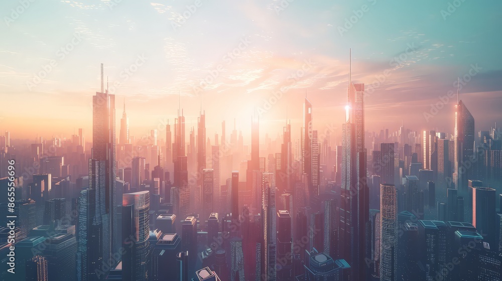 Fototapeta premium Futuristic cityscape with tall skyscrapers and a hazy sunrise. Modern metropolis and urban development concept