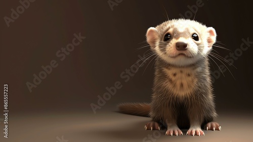 A cute and cuddly ferret sits on a brown background. The ferret is looking up at the camera with its big, round eyes.