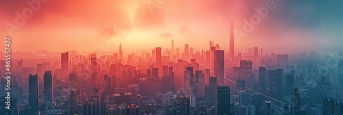 Futuristic cityscape at sunset with hazy orange skies. Modern urban development and business growth concept © olga_demina