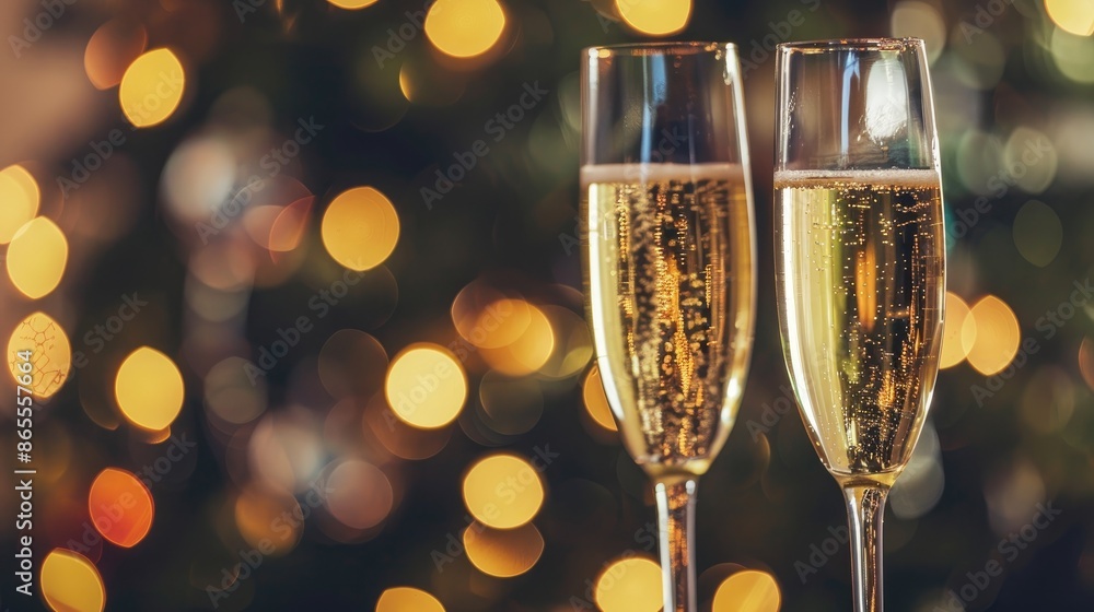 Two champagne glasses toasting against a festive backdrop Two champagne glasses toasting against a festive backdrop