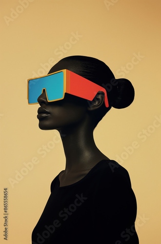 Stylish portrait of a dark-skinned young woman in multi-colored large glasses. Fashion photo of a girl. Light uniform back