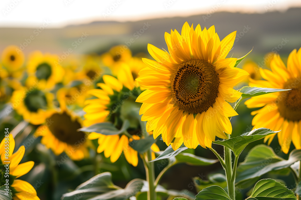 Fototapeta premium Yellow sunflowers blooming in field background. generative ai