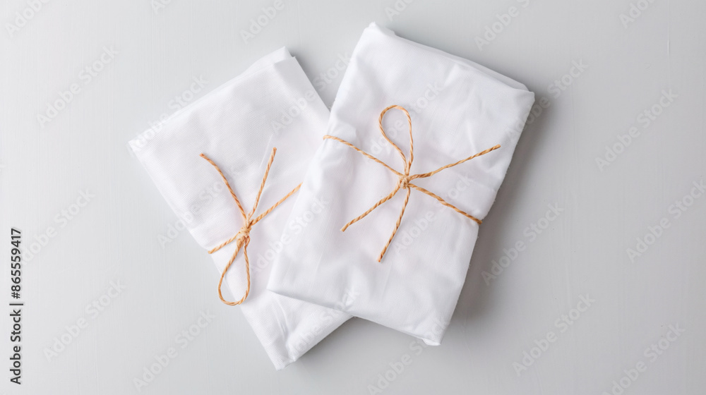 Two white fabric squares tied with twine, on a white background. Two white fabric squares tied with twine, on a white background.