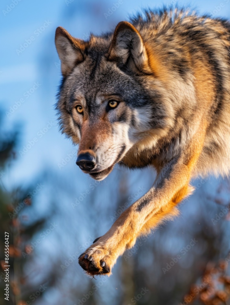 Flying wolf against a background of blue sky and clouds. Animal in the air
Flying wolf against a background of blue sky and clouds. Animal in the air