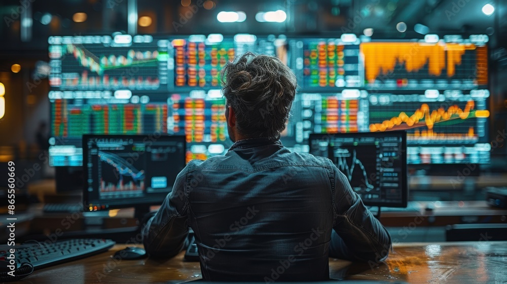 Rear view of trader sitting at desk and looking at stock market data Rear view of trader sitting at desk and looking at stock market data