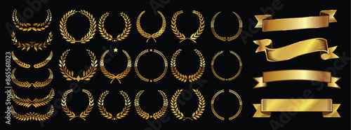 Set of golden laurel wreaths and ribbons. luxury golden ornaments