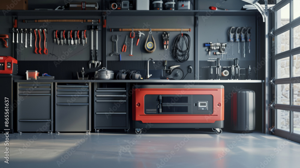 Fototapeta premium Modern Gasoline Generator in a Well-Organized Home Garage Surrounded by Tools and Equipment