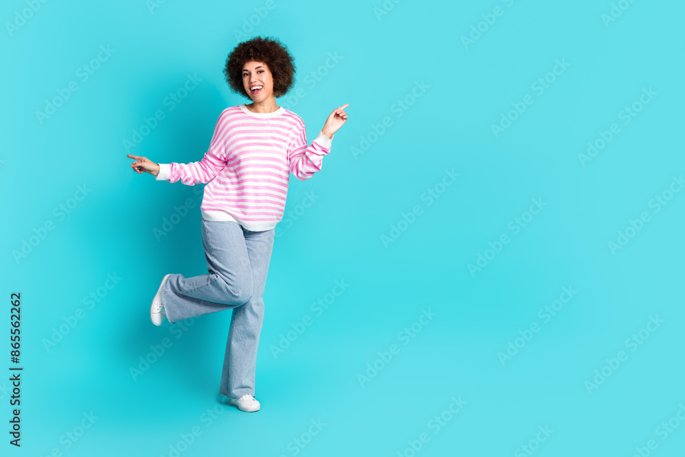Full length portrait of nice young lady dancing empty space wear pullover isolated on turquoise color background Full length portrait of nice young lady dancing empty space wear pullover isolated on turquoise color background
