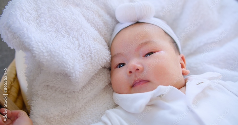 Adorable Newborn Baby in White Outfit Lying on Soft Blanket, Close-Up Portrait with Gentle Expression, Parenting Family and Childhood Adorable Newborn Baby in White Outfit Lying on Soft Blanket, Close-Up Portrait with Gentle Expression, Parenting Family and Childhood