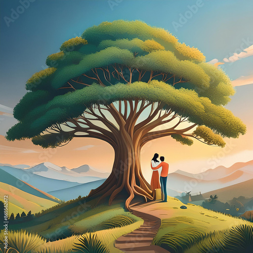 Romantic illustration - Couple under a huge tree - sunset - mountains - hills - beautiful excape photo