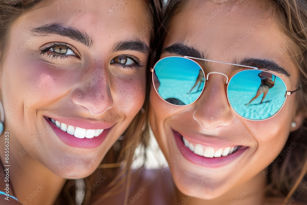 Happy female best friends relishing and enjoying summer beach fun and laughter by the ocean Happy female best friends relishing and enjoying summer beach fun and laughter by the ocean