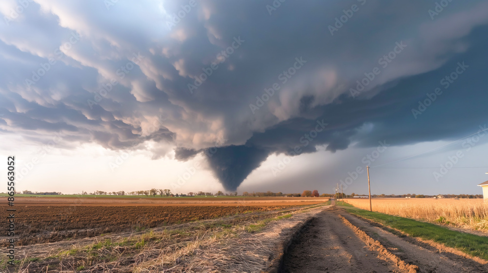 Massive Tornado Approaching Over Farmland at Sunset Massive Tornado Approaching Over Farmland at Sunset