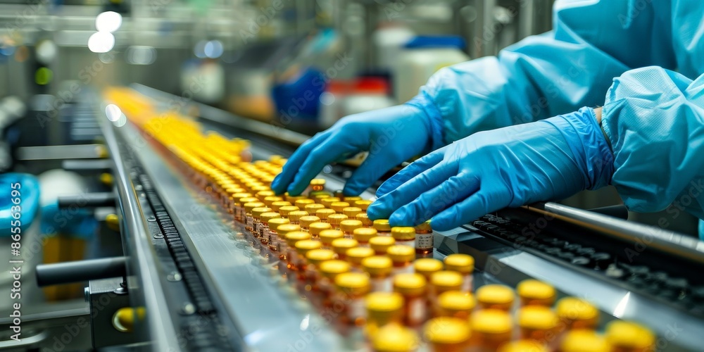 Pharmacist Monitoring Vials on High-Tech Production Line Pharmacist Monitoring Vials on High-Tech Production Line