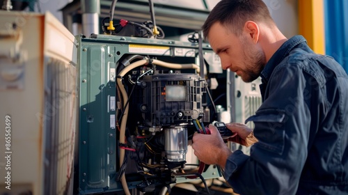 Technician Conducting Routine Maintenance on Gasoline Generator for Optimal Performance © spyrakot