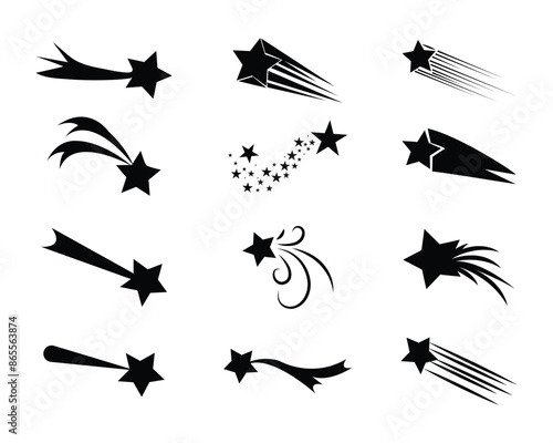 Shooting stars icon vector set. Shooting star silhouette. Black space comet with trail. Abstract cosmos. Vector illustration. eps 10
