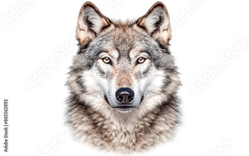 A wolf with a brown and gray coat and a white background.
