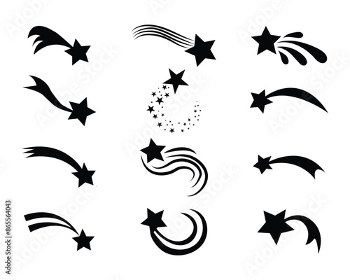 Shooting stars icon vector set. Shooting star silhouette. Black space comet with trail. Abstract cosmos. Vector illustration.