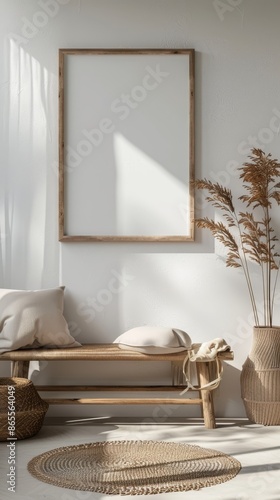 Mock up frame in home interior background, white room with natural wooden furniture
