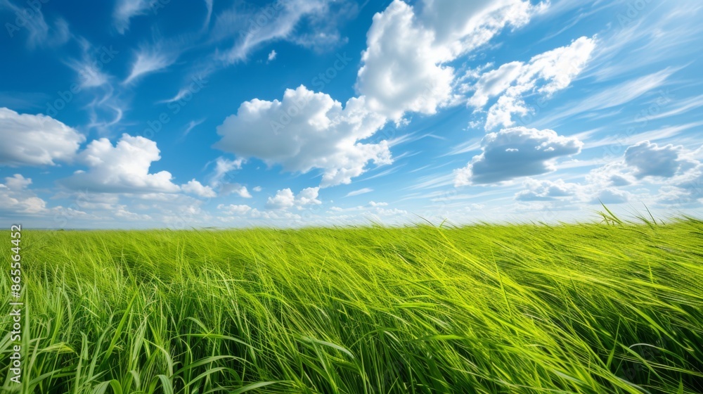 Obraz premium Green wheatgrass swaying in the wind, with the movement creating a dynamic and natural scene