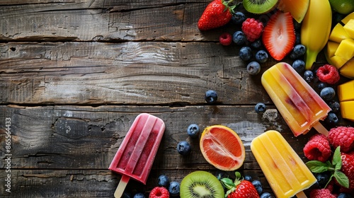 Assortment of Gourmet Popsicles with Fresh Fruits on Rustic Wooden Table - Perfect for Summer Designs