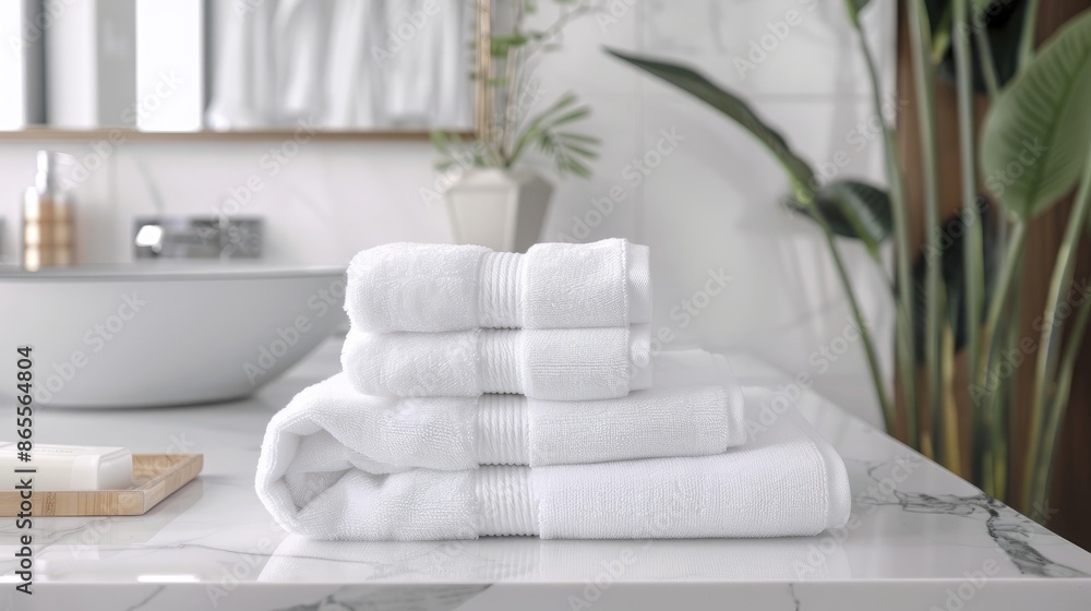 Clean white towels stacked on ceramic countertop in contemporary bathroom Clean white towels stacked on ceramic countertop in contemporary bathroom