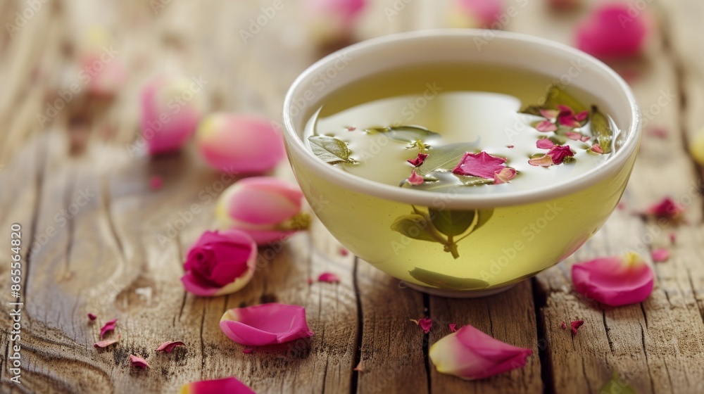Cup of natural green tea infused with jasmine and rose petals, placed on a wooden table Cup of natural green tea infused with jasmine and rose petals, placed on a wooden table
