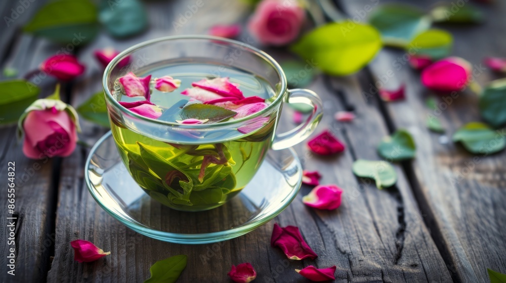 Cup of natural green tea infused with jasmine and rose petals, placed on a wooden table Cup of natural green tea infused with jasmine and rose petals, placed on a wooden table