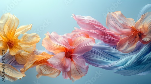 Swirling flower petals in soft pastel hues on light blue background, evoking fluidity and motion. © Paworn