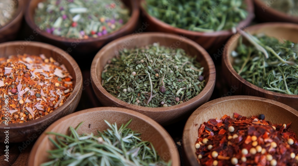 Assortment of dried herbs and spices, including rosemary, thyme, and chili flakes, arranged in small rustic wooden bowls Assortment of dried herbs and spices, including rosemary, thyme, and chili flakes, arranged in small rustic wooden bowls