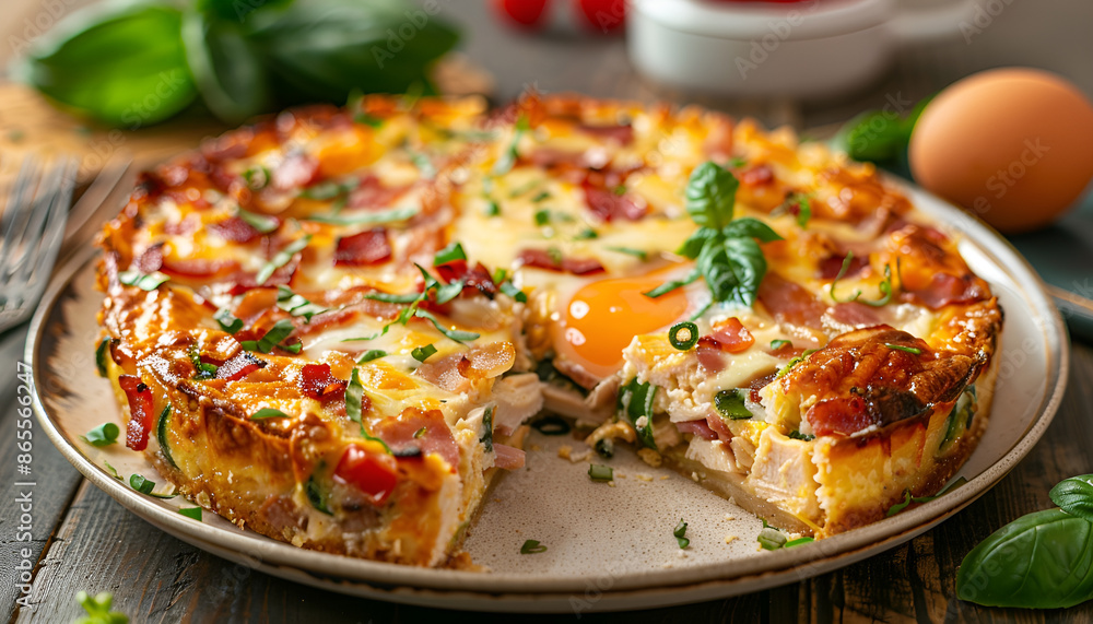 Crustless pie with bacon, egg, chicken, basil and cheese close-up on a plate on a wooden table Crustless pie with bacon, egg, chicken, basil and cheese close-up on a plate on a wooden table
