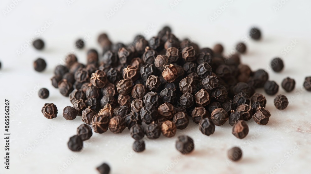 Small pile of black peppercorns scattered on a smooth white surface Small pile of black peppercorns scattered on a smooth white surface