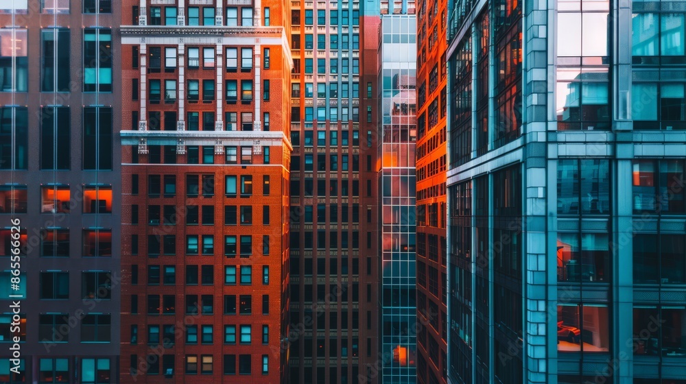 Close-up view of modern buildings with a mix of brick and glass facades. Urban architecture highlighting city development Close-up view of modern buildings with a mix of brick and glass facades. Urban architecture highlighting city development
